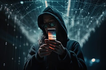 Hacker in hoodie stands with phone against background of coding with network and glowing intersecting and intertwining lines of cybersecurity information