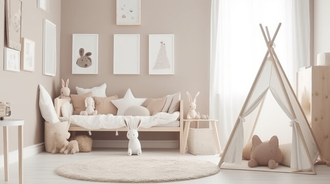 Newborn baby room. Stylish Scandinavian newborn baby room with brown wooden mock up poster frame, toys, plush animal and child accessories. Decor concept. Kids concept. Interior concept. Design concep