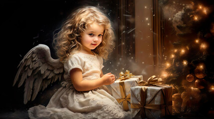 Little girl angel with white beautiful wings and a gift box for Christmas. Miracle and magical Christmas night. Christmas tree with garland background. New Year Eve and Merry Christmas holiday