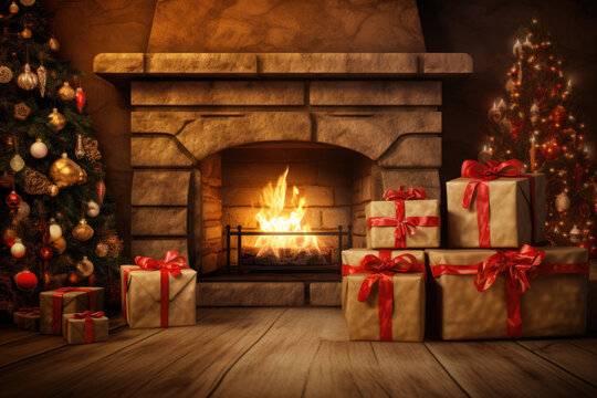 Christmas gifts by the Christmas tree and fireplace, cozy festive evening, family Christmas celebration