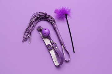 Mouth gag, whip and feather stick from sex shop on purple background