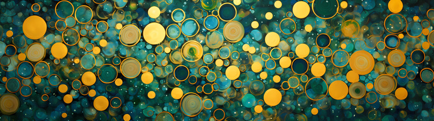 Ultra-wide tapestry of swirling, iridescent circles in hues of emerald green, sapphire blue, and goldenrod yellow forms a whimsical and dynamic pattern