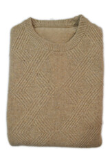 folded beige wool crewneck sweater on white background
