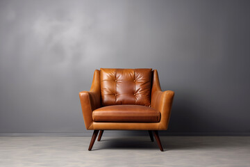 One brown leather chair on solid gray background, studio light, minimalism