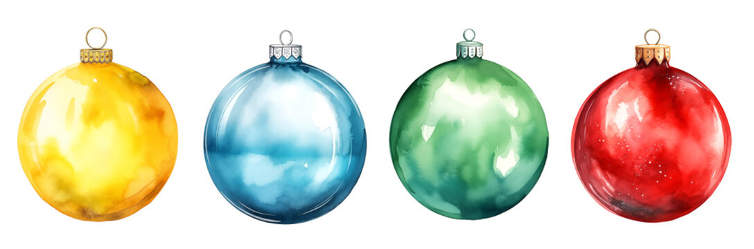Set of watercolor painted Christmas balls, decoration, clip art