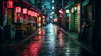 Fototapeta na wymiar Rain-soaked Japanese street at night, lantern-lit, generative ai