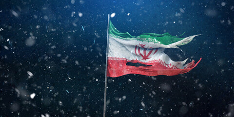 Iran, Iranian, Islamic Republic of Iran Flag, Flag waving on dark background. 3D Design. - obrazy, fototapety, plakaty