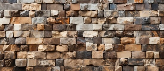 A medium sized vertical shaped element displays a chess like arrangement of sea stones in a brown wall with a mosaic texture