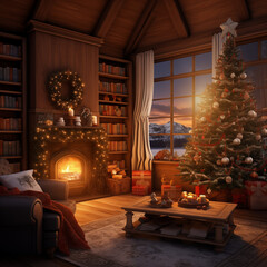 Nicely looking living room during Christmas time, there is a Christmas tree, fireplace nicely decorated with Christmas decorations, night outside, some presents under the Christmas tree-AI Generative