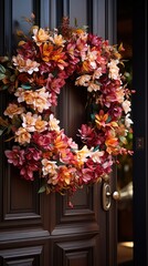Fototapeta na wymiar A close up of a fall wreath on brown front door.UHD wallpaper