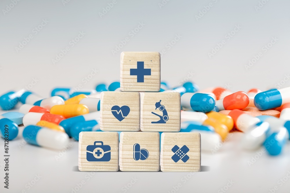 Wall mural set of wood blocks with medical icon