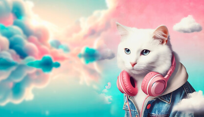 gato blanco con sus auriculares , concepto de tecnología, música