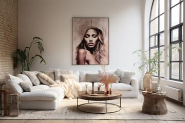 A white urban boho living room with enough space on the wall for an A1 sized portrait