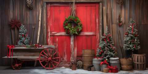 Red vintage rustic barn door, backdrop for photography, christmas trees with gifts and christmas decor - obrazy, fototapety, plakaty