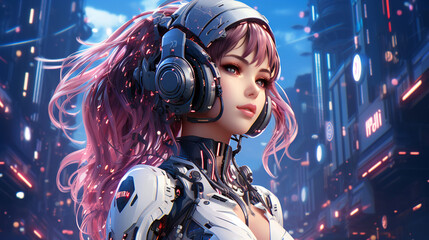 Fototapeta premium Cyberpunk anime girl with headphones in neon city, generative ai