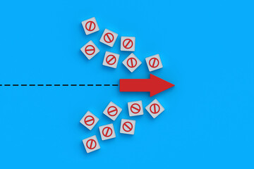 Concept of restrictions. Ignoring the rules. Overcoming prohibitions. Violation of the embargo. Illegal actions. Dangerous path. Red arrow and buttons with prohibition signs. 3d render