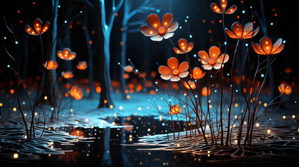 Glowing orange flowers in a surreal forest, generative ai