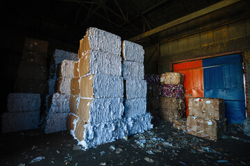 Stack of waste paper at the recycling factory