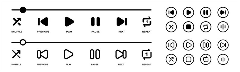 Media music player interface icon set in line style, Multimedia navigation symbol buttons. Video player, stream, Online broadcasting simple black sign for apps, UI, and website