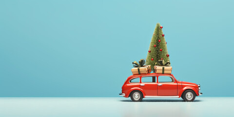 Old toy car with Christmas decorations and pine tree on the roof. Christmas is coming concept on light blue background with copy space