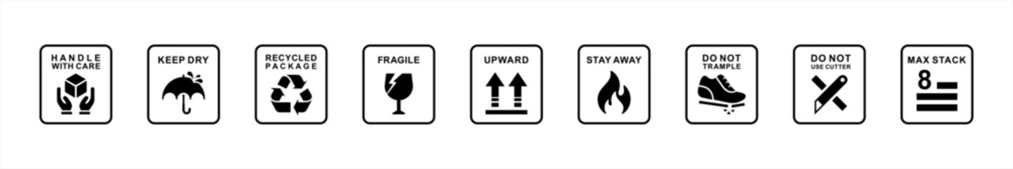Fragile package icon set. delivery shipping labels flat style. handle with care, Keep away from water, fragile box, Handling, packing, step on, side up simple black symbol vector, vector illustration