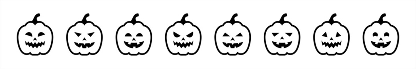 Halloween scary pumpkins cut icon set in flat style, Spooky creepy pumpkins cut, Scary Halloween pumpkin simple black symbol sign for apps, UI, and website, vector illustration