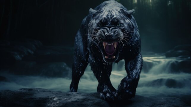 Black panthers dark colored individuals of the genus Panthera, family of cats, black predatory wild animal, powerful fast animal, aggressive .