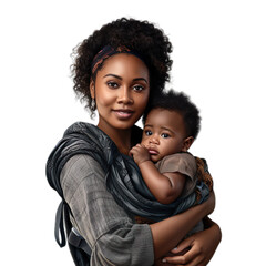 Black american mother holding his baby on a white isolated transparent background. 