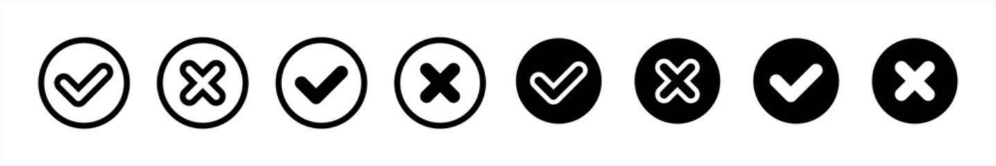 Checkmark or checkbox pictogram icon set in line style, Green and red check mark in flat style, Circle tick approved simple black symbol sign for apps, UI, and website, vector illustration