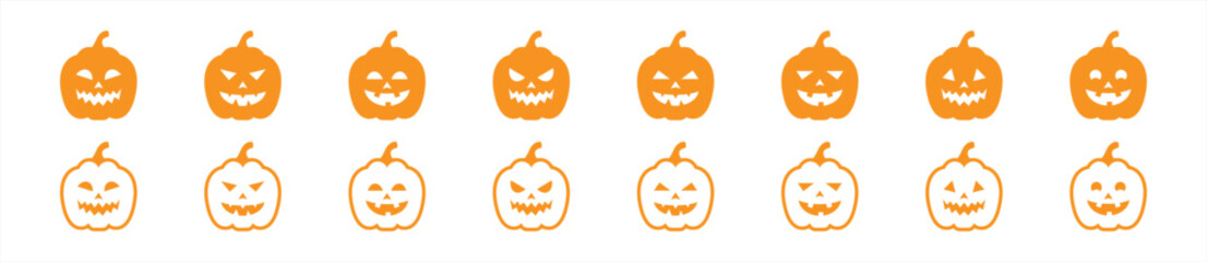 Halloween scary pumpkins cut icon set in flat style, Spooky creepy pumpkins cut, Scary Halloween pumpkin simple black symbol sign for apps, UI, and website, vector illustration