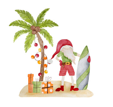 Caribbean merry christmas watercolor painting with palms xmas tree, Santa Claus with surfing board and gifts. Tropical beach new year postcard