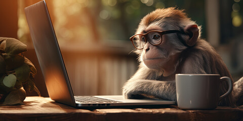 A monkey sits annoyed in front of the computer