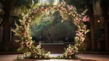 Fototapeta na wymiar A large, circular floral arbor at a wedding altar