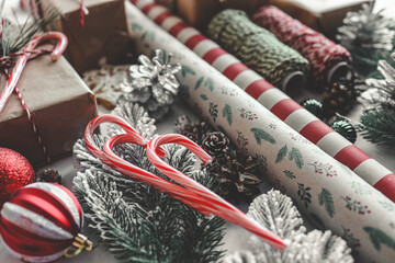 Christmas gifts and wrapping paper top view