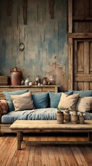 Creatively deigned living space with blue UHD wallpaper - obrazy, fototapety, plakaty