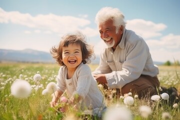 grandfather with her grandson in the countryside, Fun and happy moments in the family