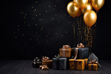 Birthday card with black and golden balloons and gift boxes on dark background