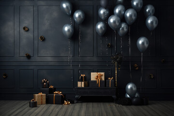 Birthday card with black balloons and gift boxes on dark wardrobe background