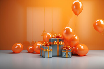 Birthday card with orange balloons and gifts on the orange background