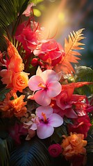 A sunlit tableau of tropical flowers, where every petal glows with hues of sunset – deep oranges, pinks, and fiery reds. Vertical orientation. 