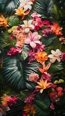 A tropical floral carpet laid out from an aerial view. Vertical orientation. 