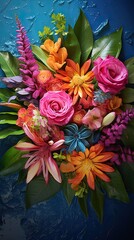 An aerial perspective of a tropical bouquet resting on a reflective tabletop. Vertical orientation. 
