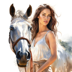 Obraz premium Portrait of a woman and her horse, white background.
