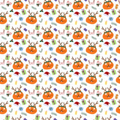 Fototapeta premium Seamless pattern with cats. Cute cat faces and New Year elements. Gift boxes, glasses and holly, cap, candy cane and fir branches, cookies. Vector. For packaging, cards and textiles, congratulations