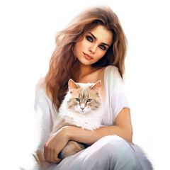 Portrait of a woman and her cat, white background.