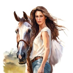 Fototapeta premium Portrait of a woman and her horse, white background.