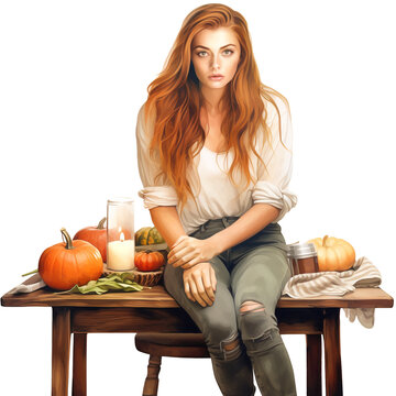 Portrait of a young woman at a table with food, white background.