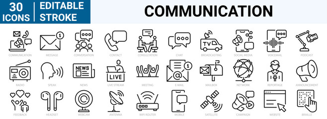 set of 30 line web icons Communication, promotion. Containing discussion, speech bubble, talking, consultation Editable stroke.