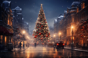 illustration of snowy winter city square with big decorated Christmas tree - obrazy, fototapety, plakaty