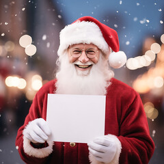 Christmas Santa claus holding a blank sign on bokeh light background.